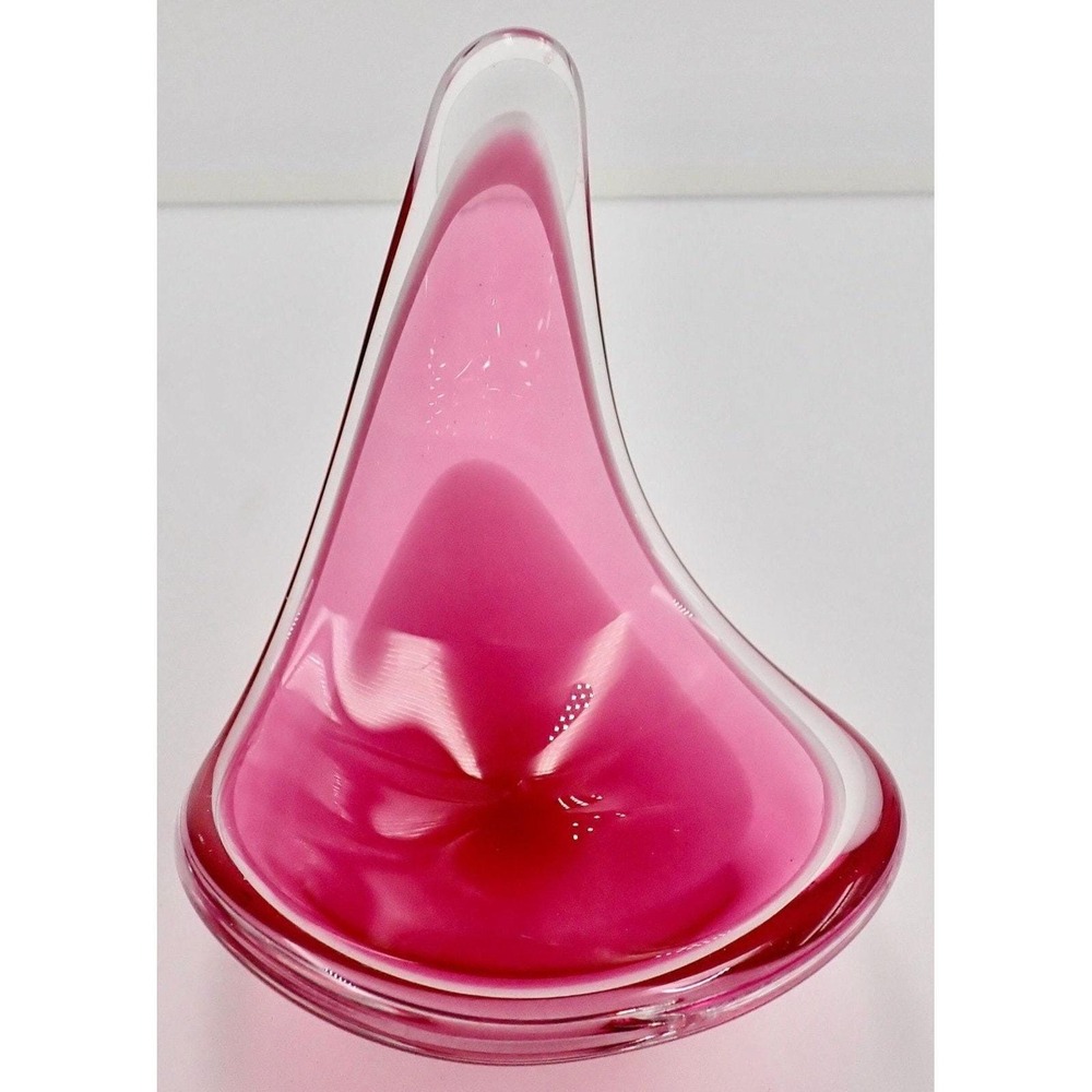 Vintage Glass Bowl Art Glass Pink Swirl Sweden Paula Keldev Signed Dated 4.5"